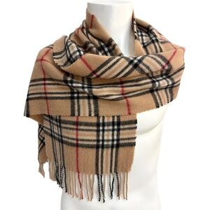 Classic Plaid Wool & Cashmere Scarf – Camel, Black & Red – 11” x 66”